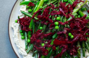 Tofu Topped With Grilled Greens and Beetroot Kraut