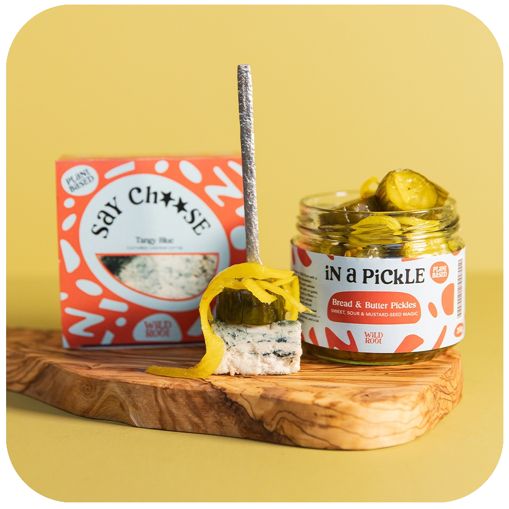 Perfect Pairings: Tangy Blue Cheese and Bread and Butter Pickles on a serving board 