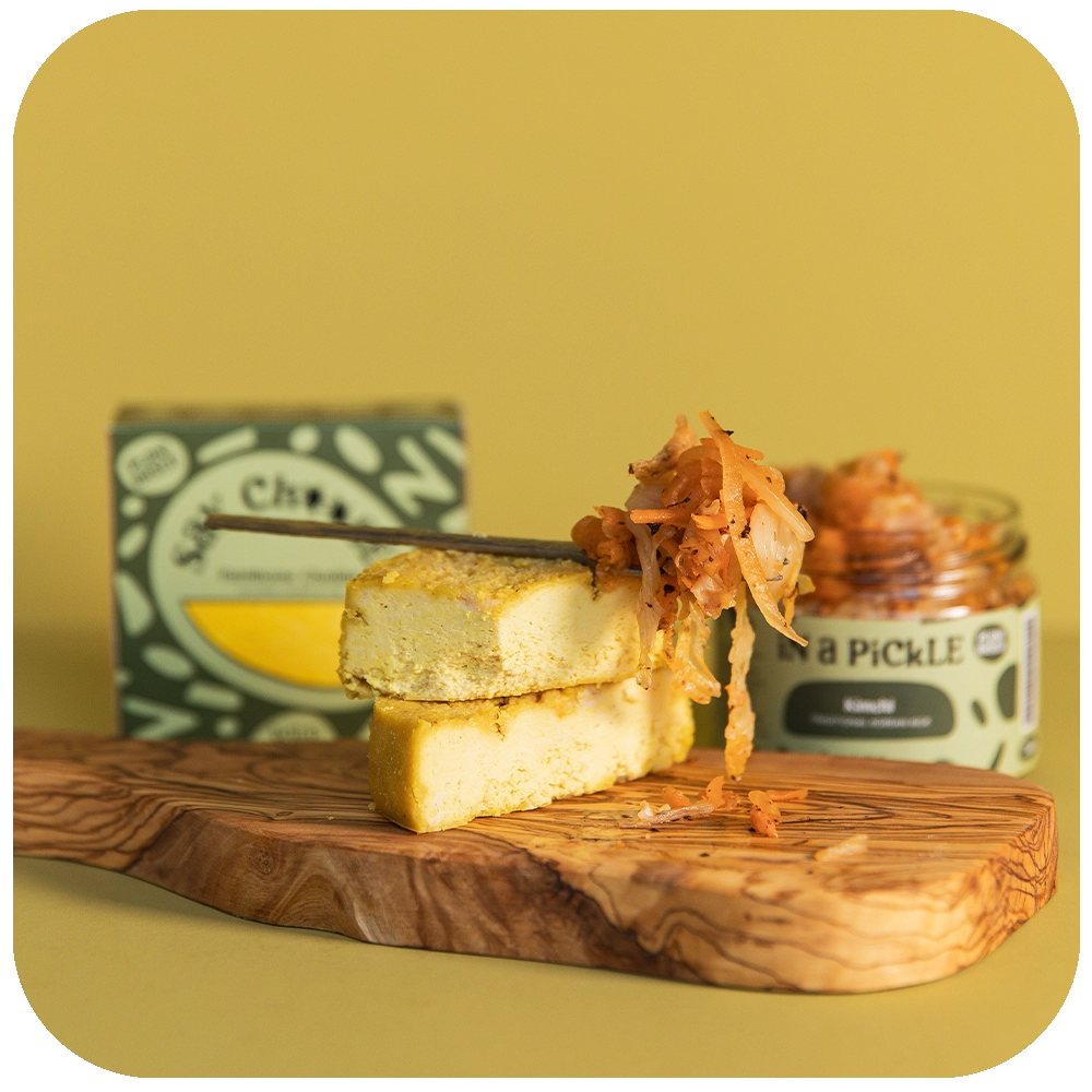 Farmhouse Mature Cheese and Kimchi on the serving board